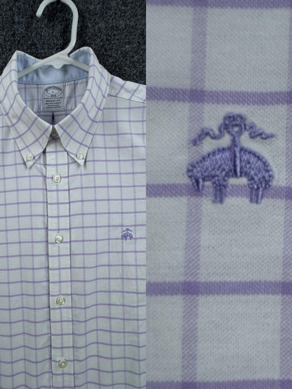 Brooks Brothers Oxford Cotton Spandex Non-Iron Large Button-Down White Purple